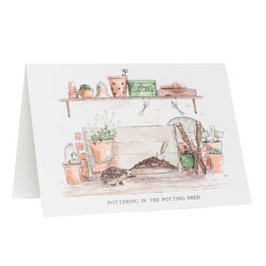 Poterie dans le hangar de rempotage / Carte de voeux hérisson