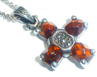 Vintage sterling garnet gemstone cross pendant silver 925 chain necklace