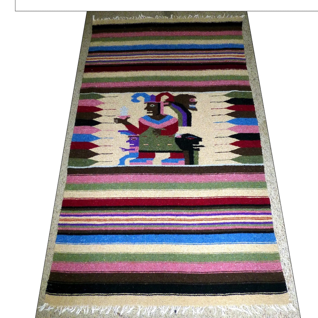 Vintage Aztec Mayan Warrior Large Woven Rug Native Mexican Southwestern ...