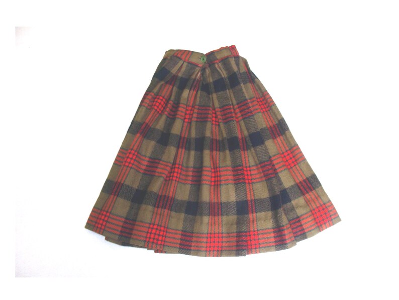 Vintage wool skirt  plaid olive green red stripe pleated school girl womens winter mod hippie clothing
