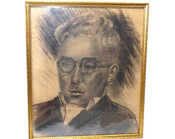 Large pencil drawing original Joe reclining octagon eyeglasses portrait art etching framed artist sketch