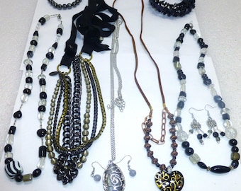 Vintage hand made black grey glass murano crystal necklace stone bracelet jewelry lot
