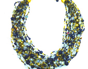 Vintage Joan Rivers multi strand beaded necklace black iridescent glass beads jewelry