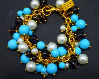 Vintage Elizabeth Taylor cha cha bracelet faux pearl turquoise beads jewelry