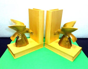 Vintage German hand carved eagle bird wood book ends set DDR black forest