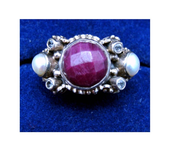 Sandra Singh ruby pearl sterling silver topaz rin… - image 2