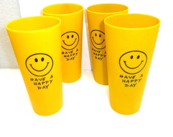 4 Vintage 1970s Have a Happy Day smiley face set harvest gold plastic tumbler glasses cup retro hippie kitchen dining