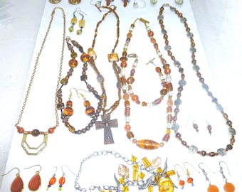 Vintage hand made art glass jewelry lot murano necklace beaded bracelet crystal bead earrings set brown natural