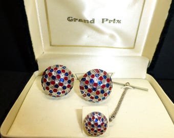 Unique vintage Grand Prix enamel cuff links red silver blue domed honeycomb jewelry cufflinks set