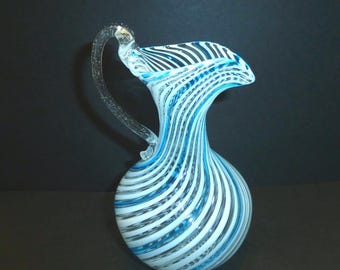 Vintage Murano blown glass aqua blue white optic swirl small pitcher ewer