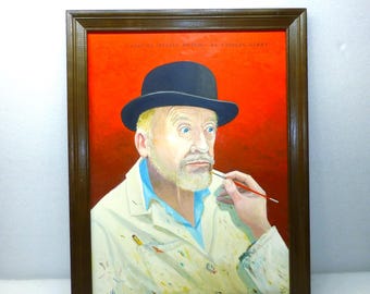 Large vintage original acrylic painting artist self portrait I painted myself wearing my fathers derby bowler hat art