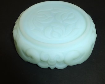 Vintage Fenton blue satin glass roses flowers ginger jar vase stand plinth