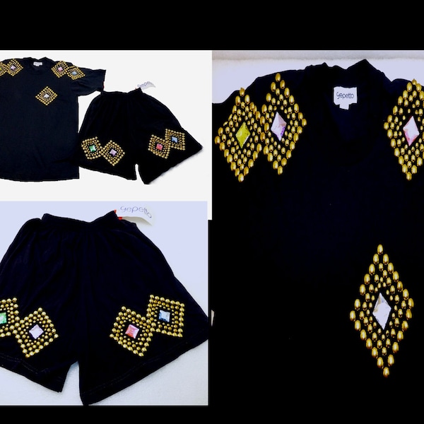 Vintage unworn 1980's black rhinestone stud shirt top shorts set outfit 80's rockabilly disco cowgirl Gepetto