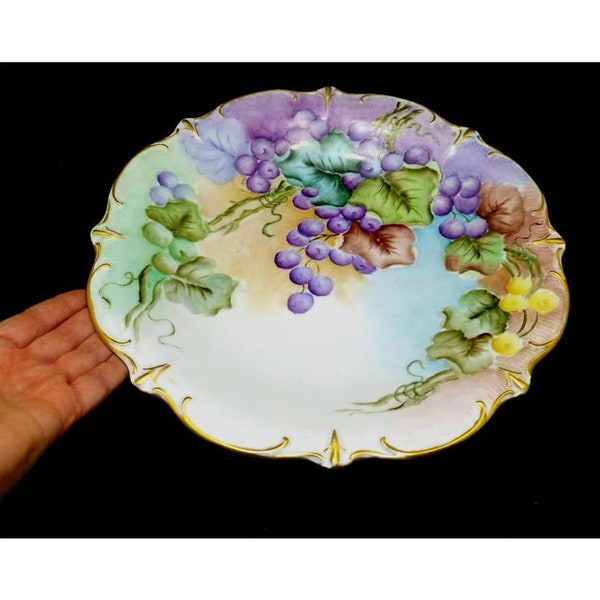 Large Antique hand painted grapes platter old Schumann German china artist signed plate