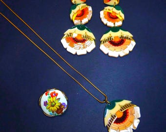 Vintage flower brooch and Rosa Pietsch Isobel necklace earrings jewelry set lot