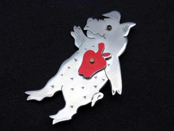 Artisan D Nore sterling pig apple heart pin hand … - image 2