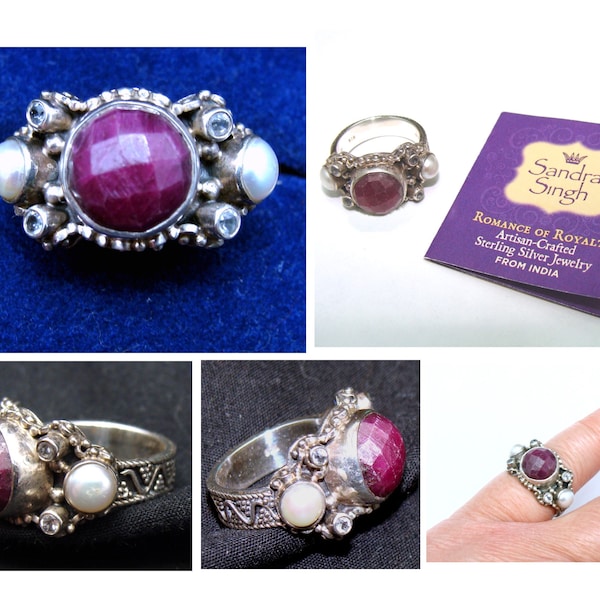 Sandra Singh ruby pearl sterling silver topaz ring artisan jewelry