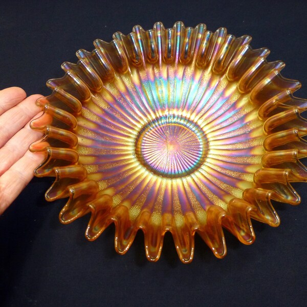 Gorgeous large vintage Fenton carnival glass bowl stippled rays ruffle edge