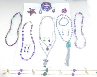 Pretty purple art glass hand made artisan murano necklace bracelet pendant jewelry lot