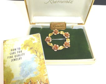 Vintage Krementz rose flower wreath brooch 14k gold overlay jewelry in box wedding anniversary holidays Christmas