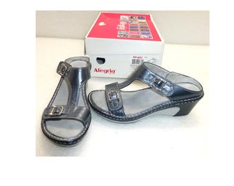 Alegria Lara pewter leather tumble wedge shoes heels sling back buckle strap sandals silver