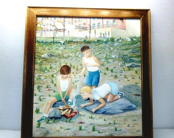 Large vintage depression era Bronx New York painting boys in the slums Westchester Eagle Caldwell Avenue art