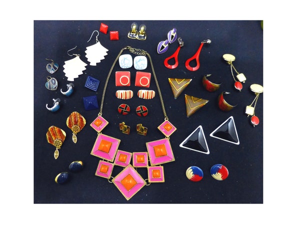 Vintage 1980's enamel jewelry lot earrings neckla… - image 1