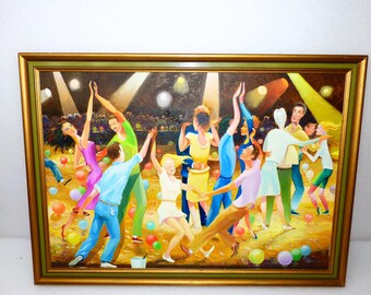 Large incredible original painting disco dance night club party dancers dancing art