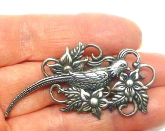 Vintage sterling ornate pheasant flowers brooch pendant bird of paradise pin silver jewelry