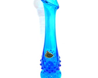 Beautiful blue Fenton glass hobnail swung vase original label