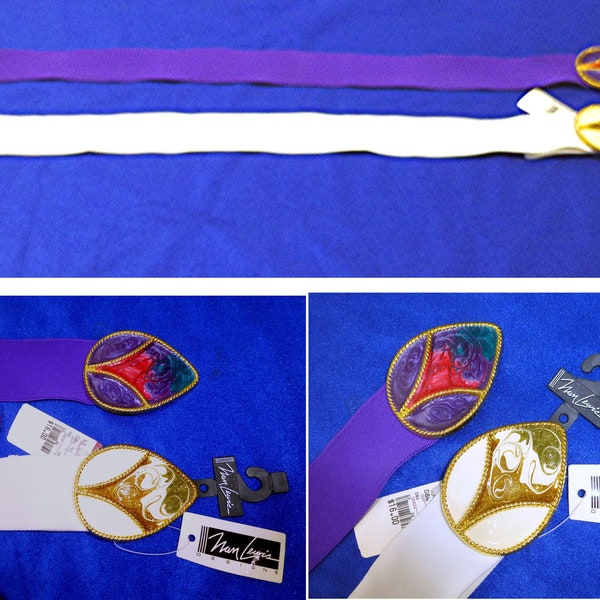 2 Beautiful Nan Lewis Day Lor belts colorful enamel purple white elasticized lot retro vintage 1980's disco