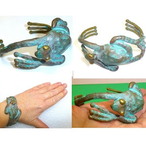 Michael Schwade tree frog bangle bracelet cuff brutalist brass green patina metal hand made nature jewelry