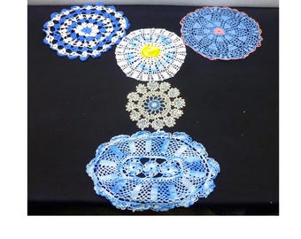Beautiful blue crochet doily collection unique round oval doilies lot cottagecore wedding