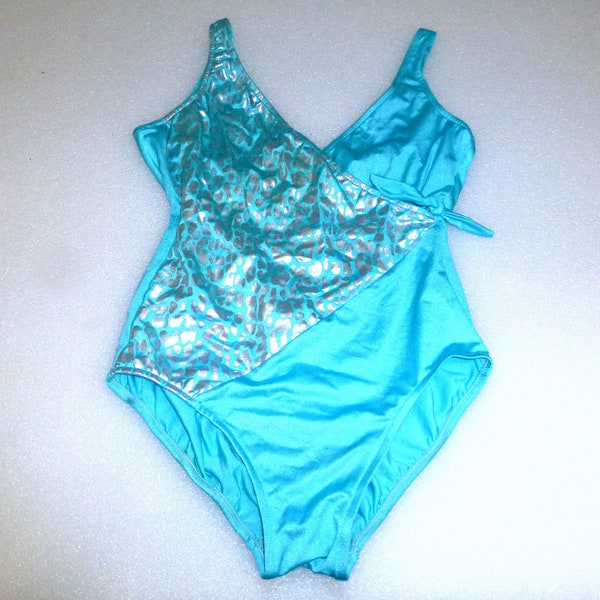 Nice vintage 1980's turquoise blue metallic silver leopard spot swimsuit one piece bathing suit Gabar