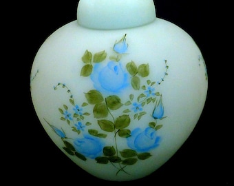 Vintage Fenton satin glass ginger jar urn vase hand painted blue roses flowers George Schlicher