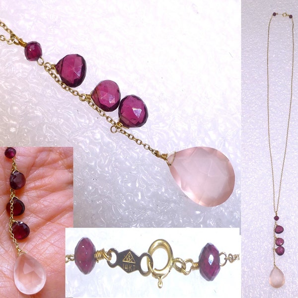 Allyson Smith 14k gold garnet rose quartz pink stone necklace jewelry
