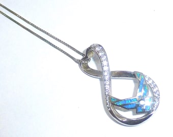 Beautiful vintage sterling opal infinity pendant 925 silver chain necklace jewelry
