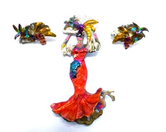 Fabulous Catherine Butler Carmen Miranda singer dancer brooch pin earrings set artisan hand made tropical jewelry