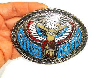 Vintage indian eagle dancer belt buckle native american turquoise gemstone Kwahu Kachina southwest handcrafted
