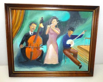 Original acrylic painting musicians string group cello flute guitar framed music instrument art