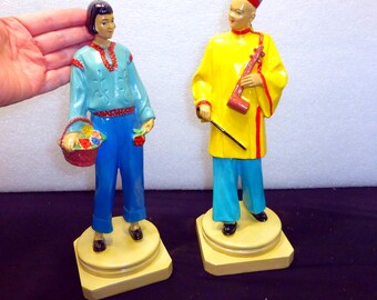 Rare deco Florentine Art novelty co asian figurine pair oriental japanese chinese man woman chalkware sculptures