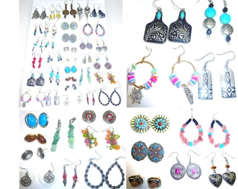 May include: A large collection of assorted earrings including dangle, hoop, and stud styles. The pieces feature various materials such as turquoise-coloured stones, metal charms, colourful beads, and intricate patterns in silver, gold, and copper tones.