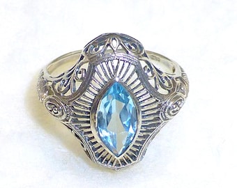 Vintage sterling ornate art deco style ring victorian filigree blue stone 925 silver jewelry