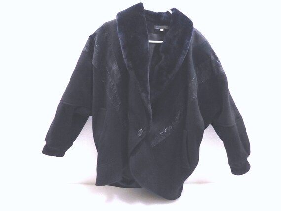 Vintage black leather bomber jacket 1980's wool pl