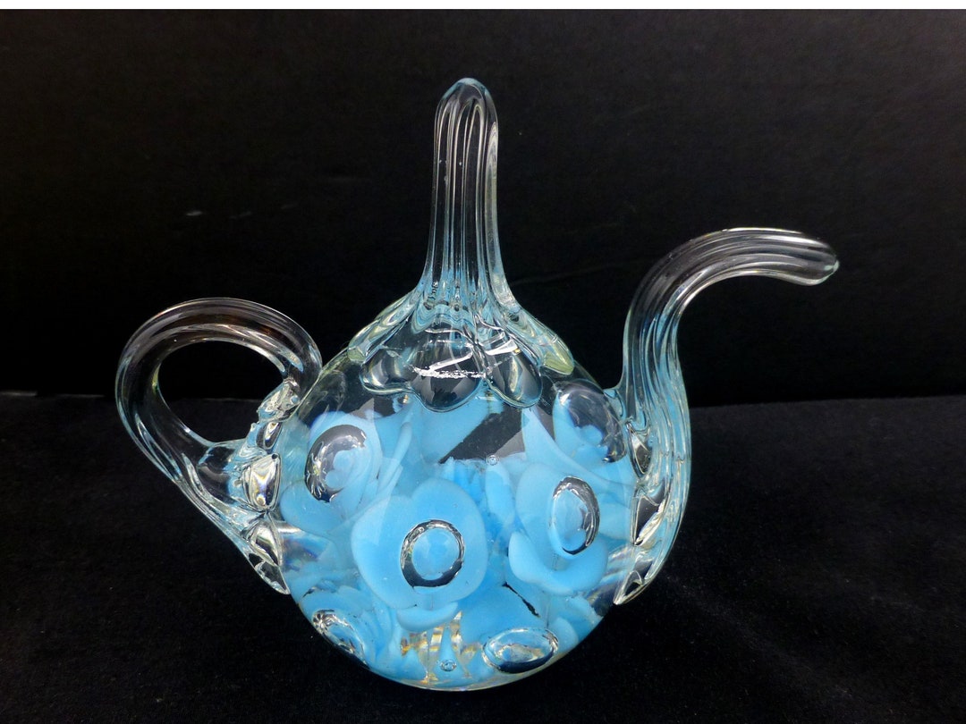 Unique Glass Teapot Paperweight Figurine Blue Flower Joe St. Etsy