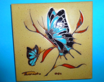 Vintage Cleo Teissedre butterfly ceramic tile trivet southwest hand made painted