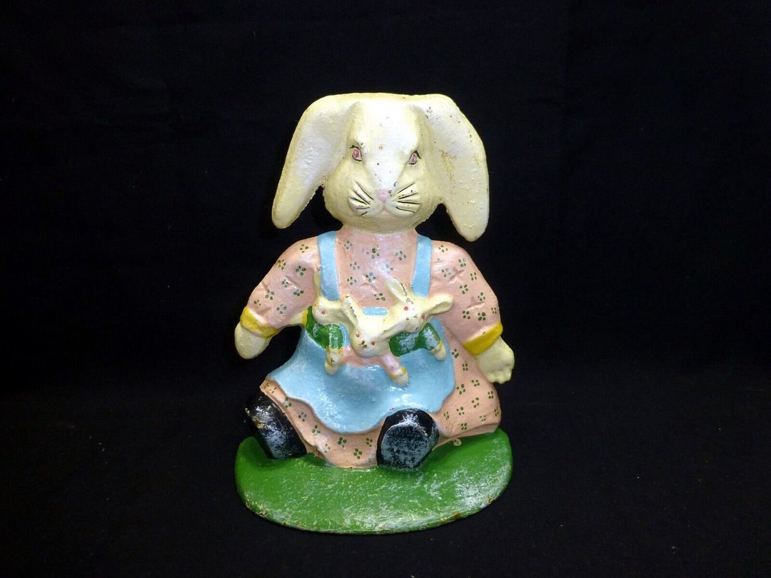 Vintage Cast Iron Rabbit Door Stop Bunny Doll Mother Baby Etsy