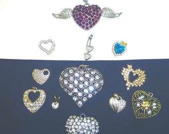 Heart necklace pendant collection rhinestone jewelry lot