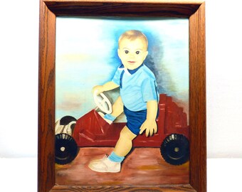 Vintage large  painting little boy child in toy pedal car artist signed art