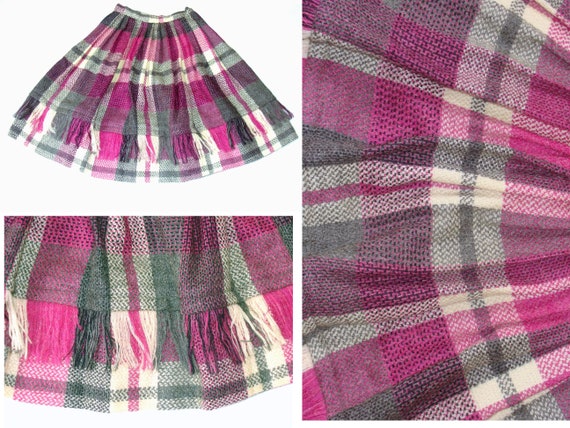 Vintage plaid wool skirt  fringe swing skirt thic… - image 1